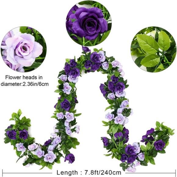 2PCS Fake Rose Garland, 7.9FT Artificial Vines Flowers Hanging Silk Rose, Purple - Picture 3 of 6